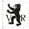 Fahne vom Schweizer Kanton Appenzell Ausserrhoden, in weiss ein aufrechter, rot gezungter und bewehrter schwarzer Bär, unten links begleitet von einem schwarzen Grossbuchstaben V, rechts von einem ebensolchen R.