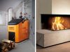 Links steht eine Stückholzheizung des Produkttyps Novatronic XV von Schmid und rechts ein moderner Kamin mit brennendem Feuer.